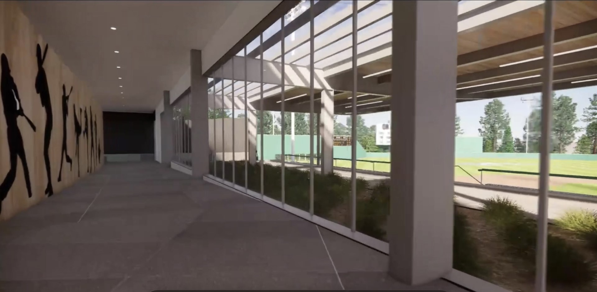 Rendering of the interior corridor with the player silhouette mural overlooking the field