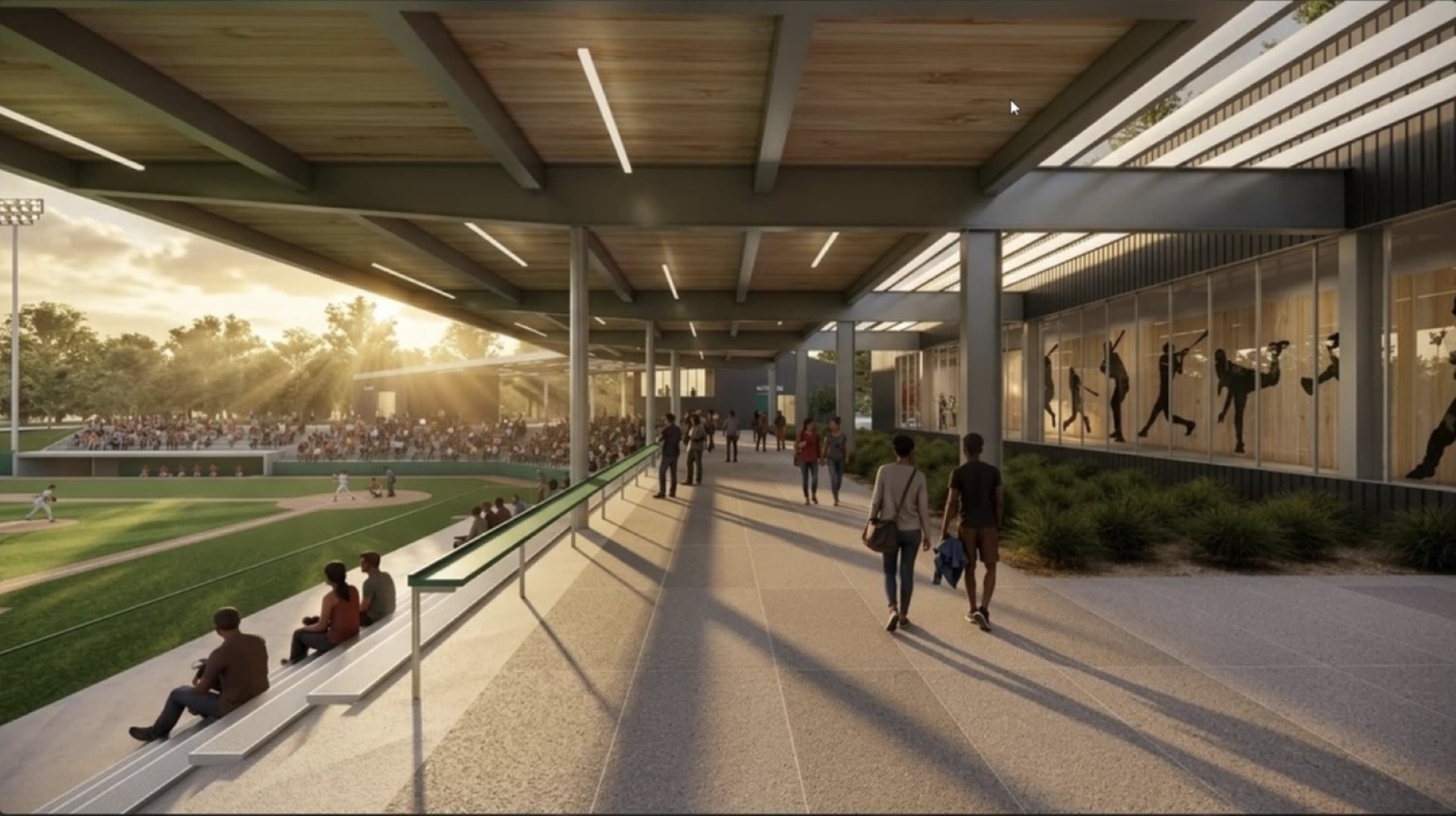 Rendering of the open concourse at sunset with fans walking toward the seating
