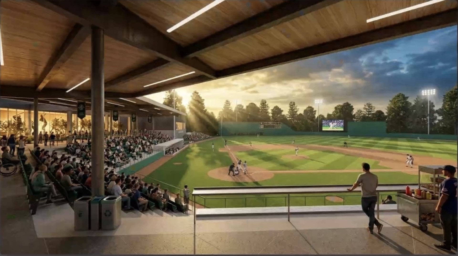 Rendering of a full pavilion of fans watching a night game under the covered grandstand