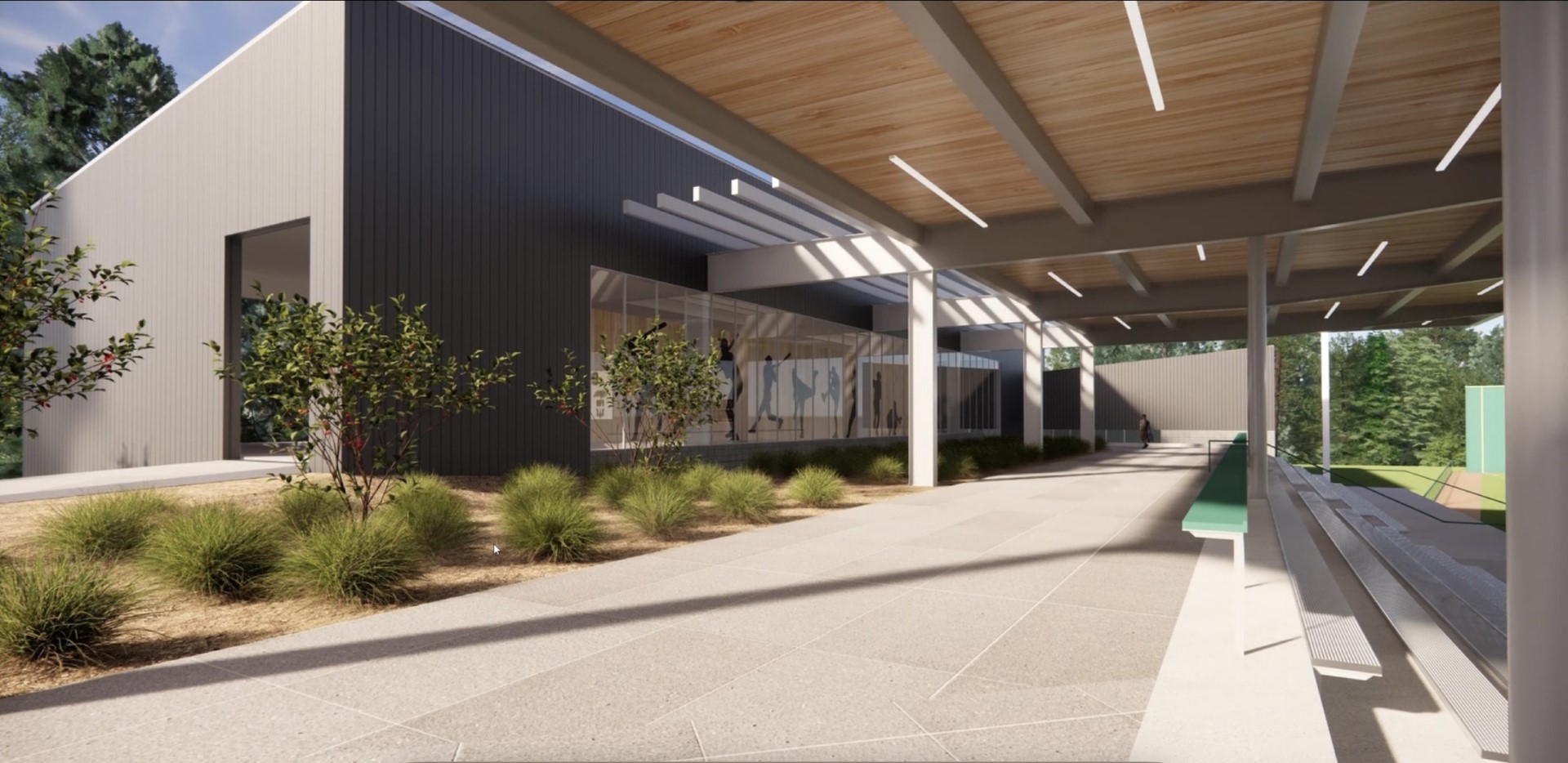 Rendering of the clubhouse exterior walkway with landscaping and glass batting facility