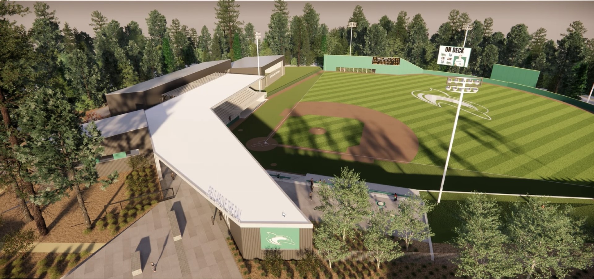 Aerial rendering of the Field Above the Bay entrance canopy and full stadium complex