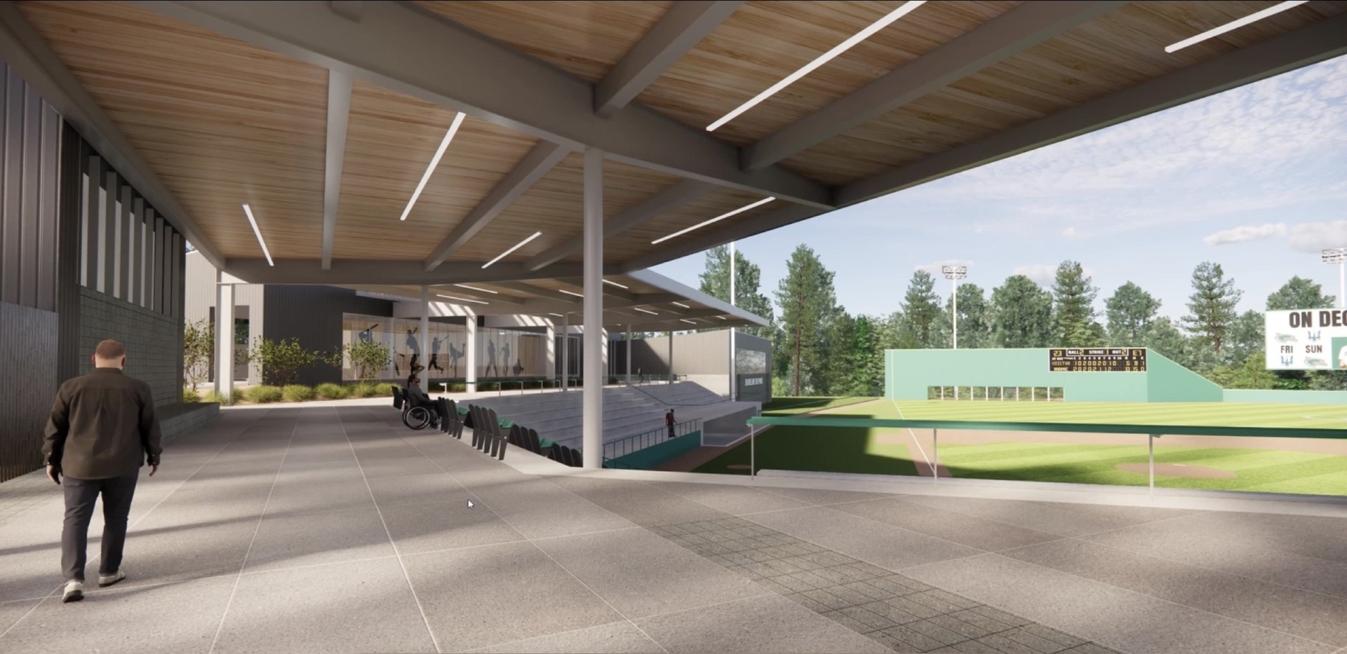 Rendering of the covered concourse with bleacher seating looking toward the field and scoreboard