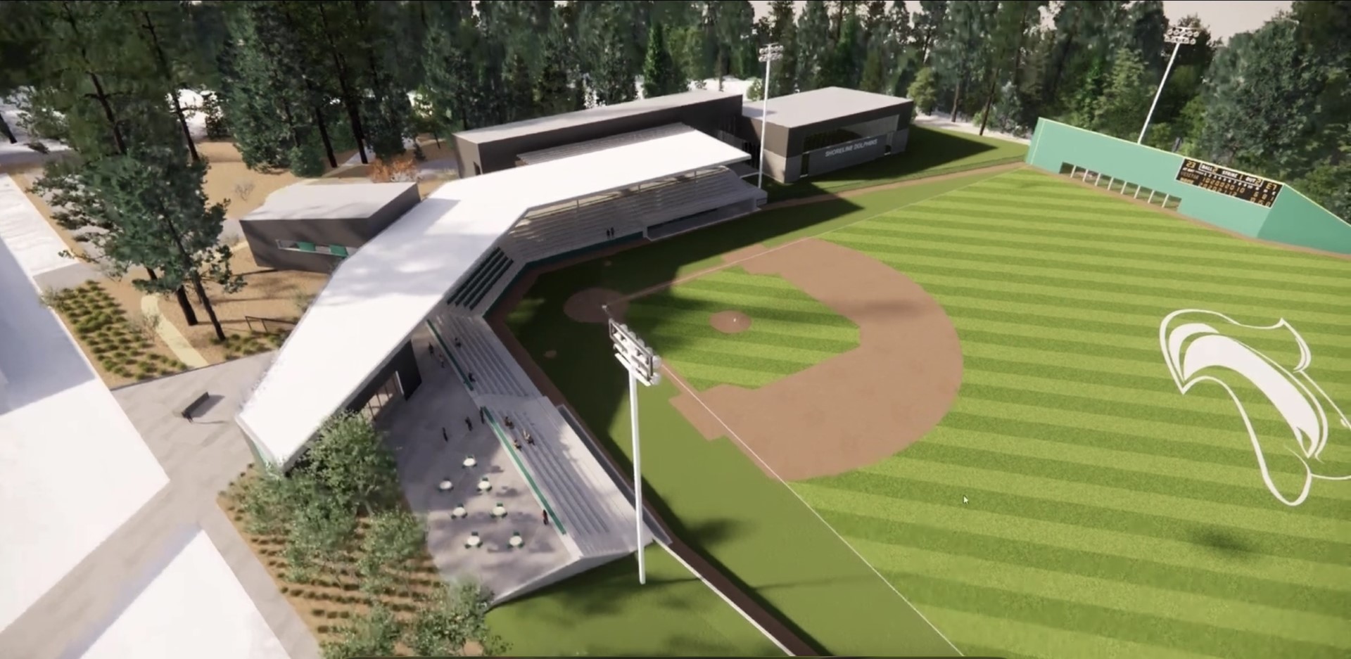 Aerial rendering of the stadium looking over home plate toward the outfield with the dolphin logo