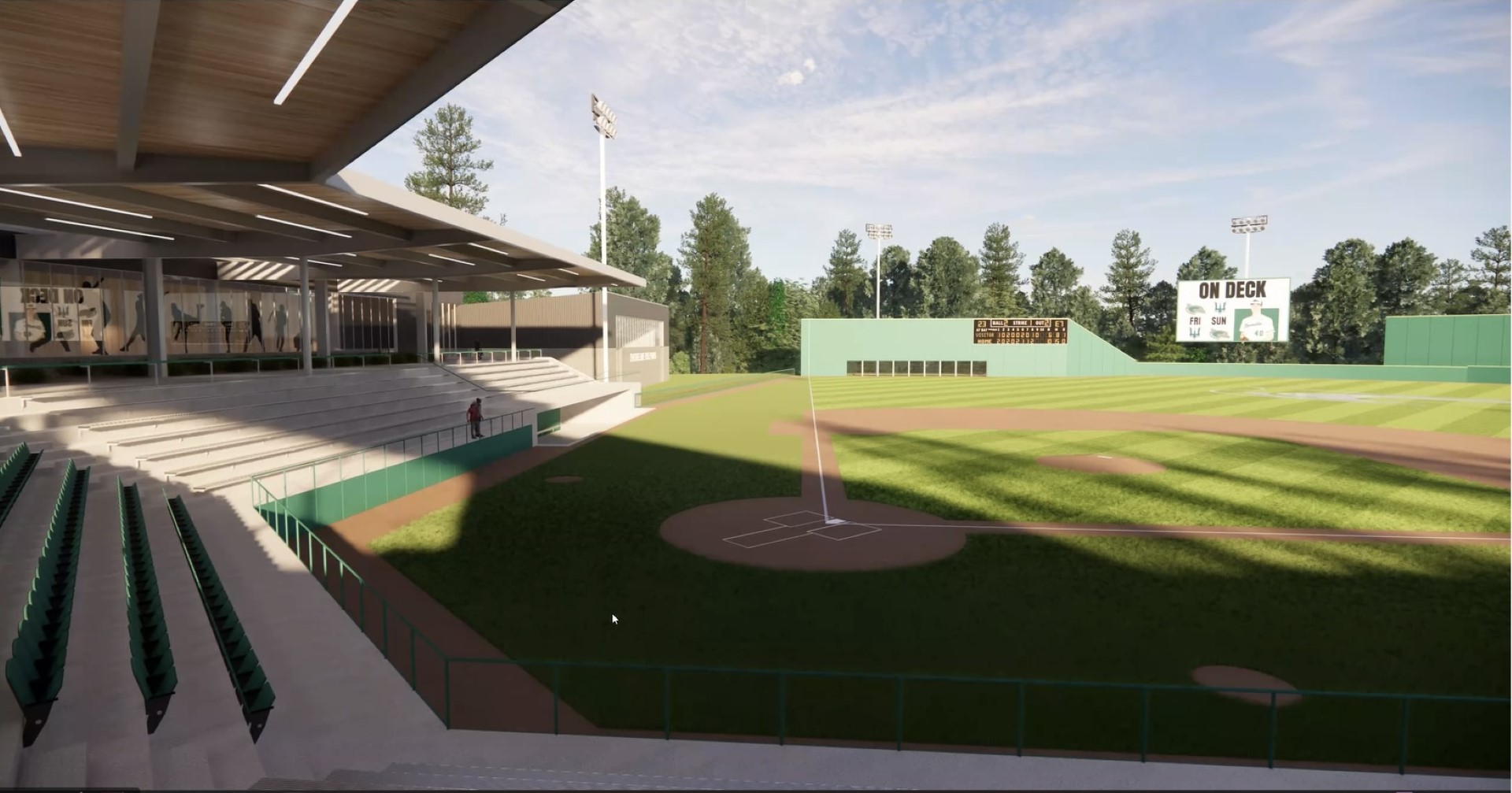 Rendering from the grandstand looking toward home plate and the outfield at golden hour