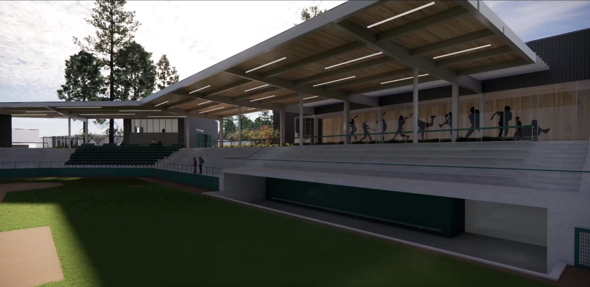 Rendering of the grandstand seating with player silhouette art along the stadium wall