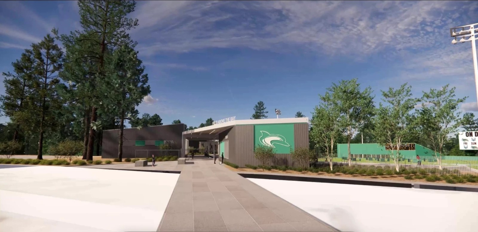 Rendering of the new stadium entrance building framed by evergreen trees