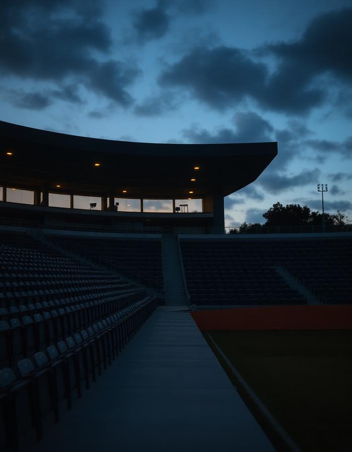 Empty stadium grandstand at dusk