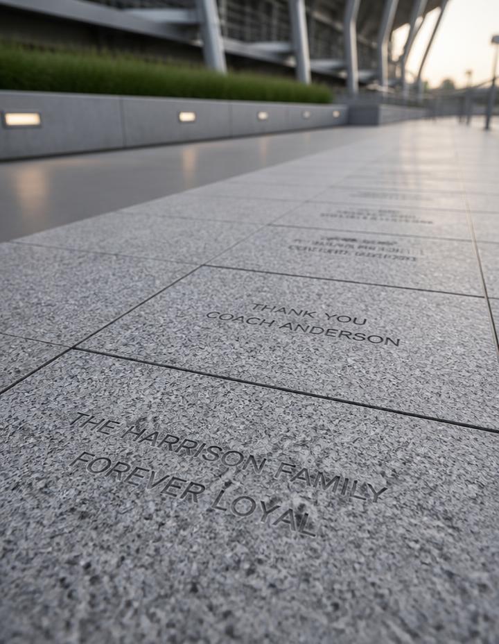 Engraved grey granite tile walkway