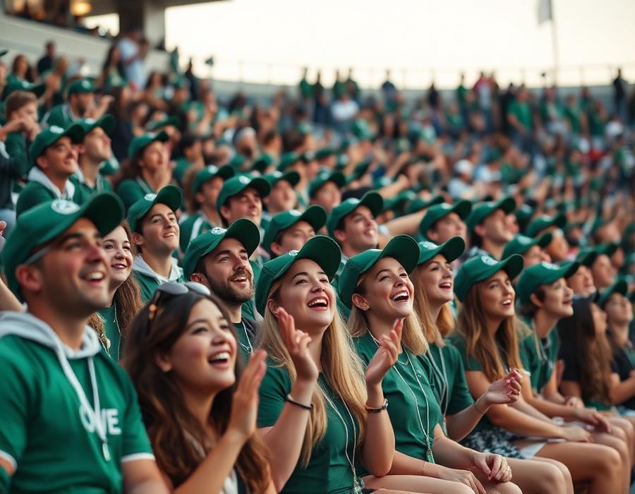 Students in green cheering from the stadium stands