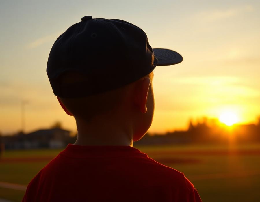 A young fan in a ball cap watching the field at sunset