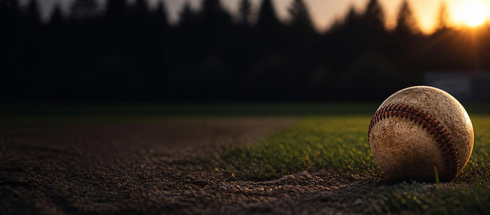 Baseball resting beside the field at sunset